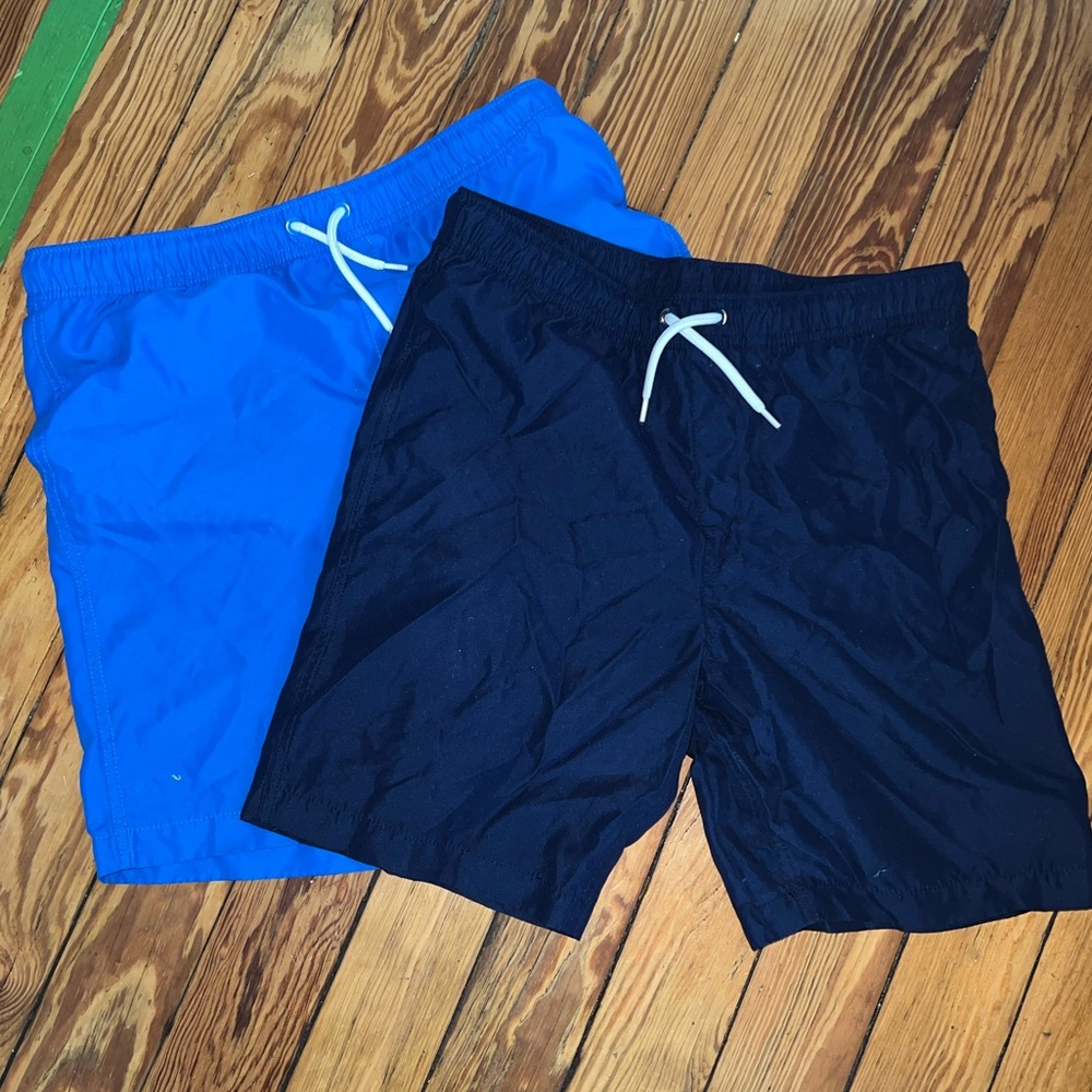 2 Lands' End Kids Swim Trunks in bright Blue and dark blue